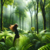 緑豊かな森でたたずむ女性