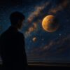 宇宙を見つめる男性が夜の窓辺で自分の内面と向き合っている様子