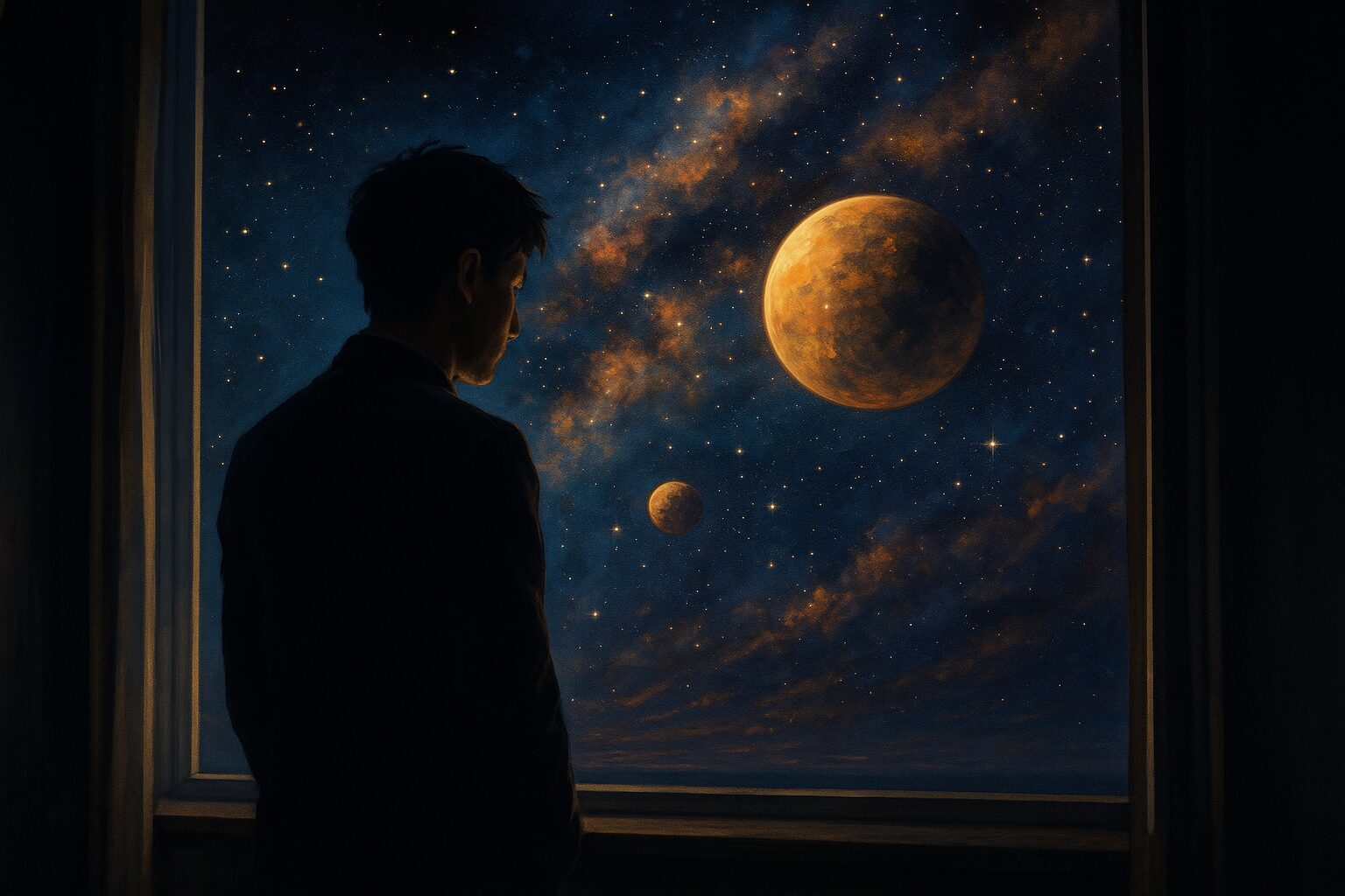 宇宙を見つめる男性が夜の窓辺で自分の内面と向き合っている様子