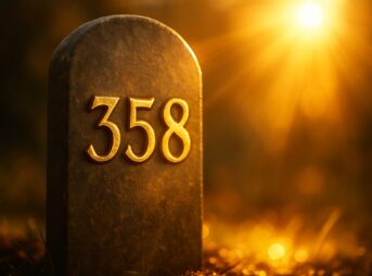 夕日に照らされ輝く358の数字が刻まれた石板が、幻想的な雰囲気を演出している様子