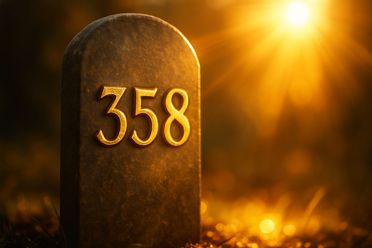 夕日に照らされ輝く358の数字が刻まれた石板が、幻想的な雰囲気を演出している様子