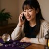 タロットカードと水晶を前に電話で占いを受ける若い日本人女性の微笑む様子