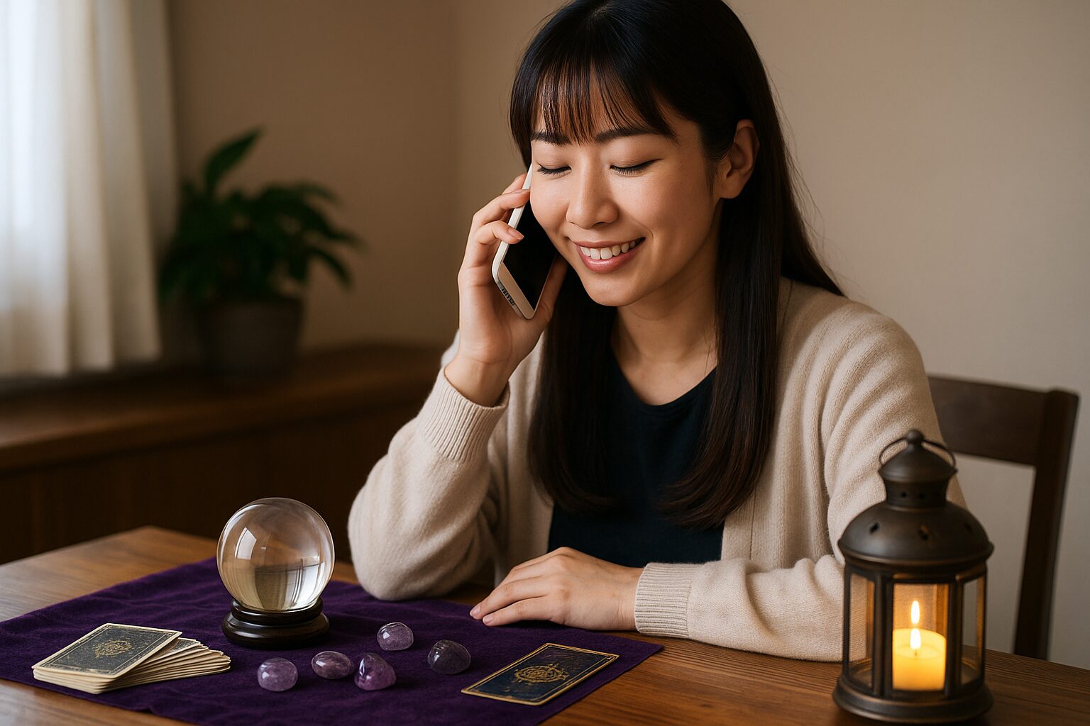 タロットカードと水晶を前に電話で占いを受ける若い日本人女性の微笑む様子