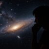 星空と銀河を背景に思索にふける男性のシルエットが宇宙の広がりを感じさせる構図