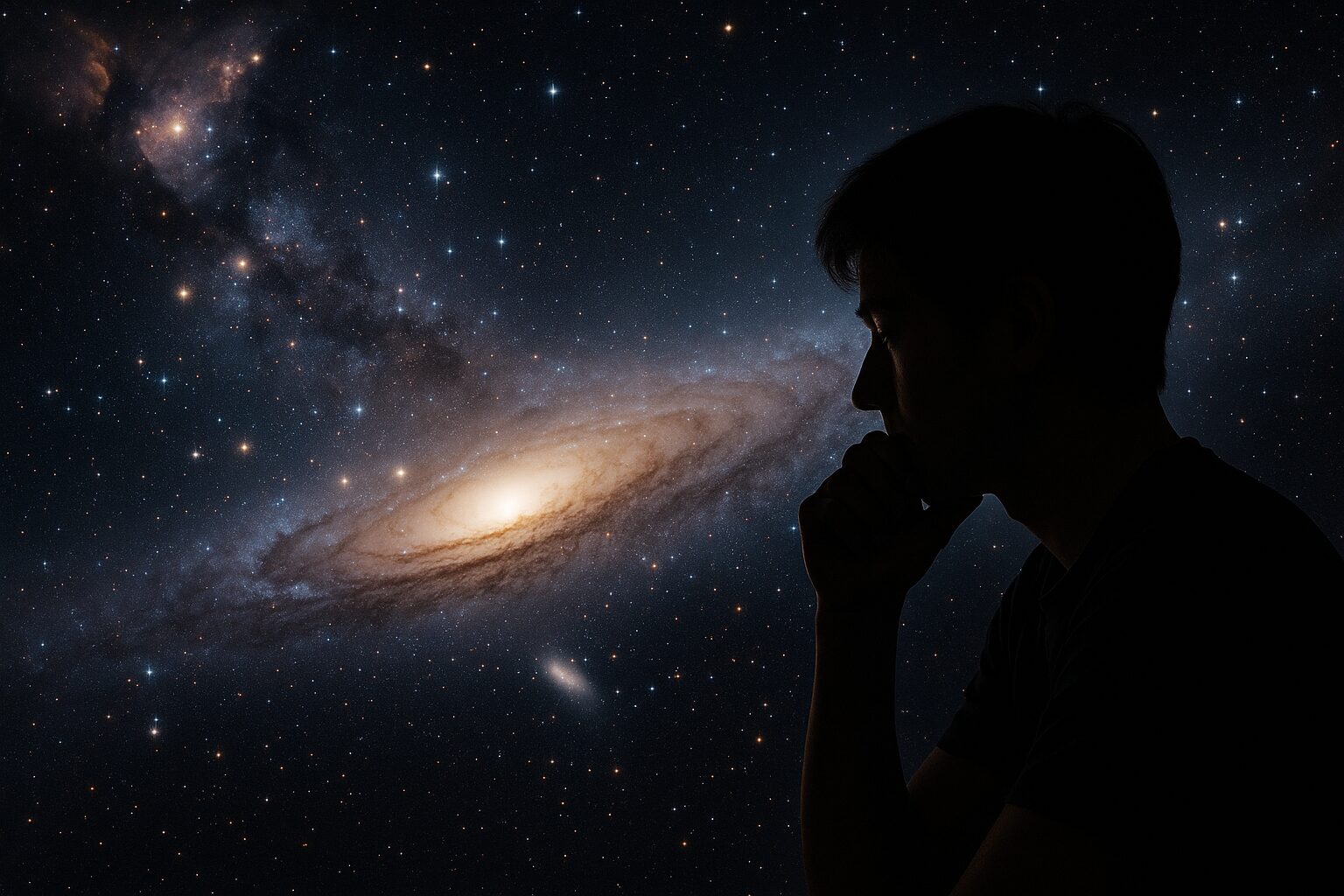 星空と銀河を背景に思索にふける男性のシルエットが宇宙の広がりを感じさせる構図