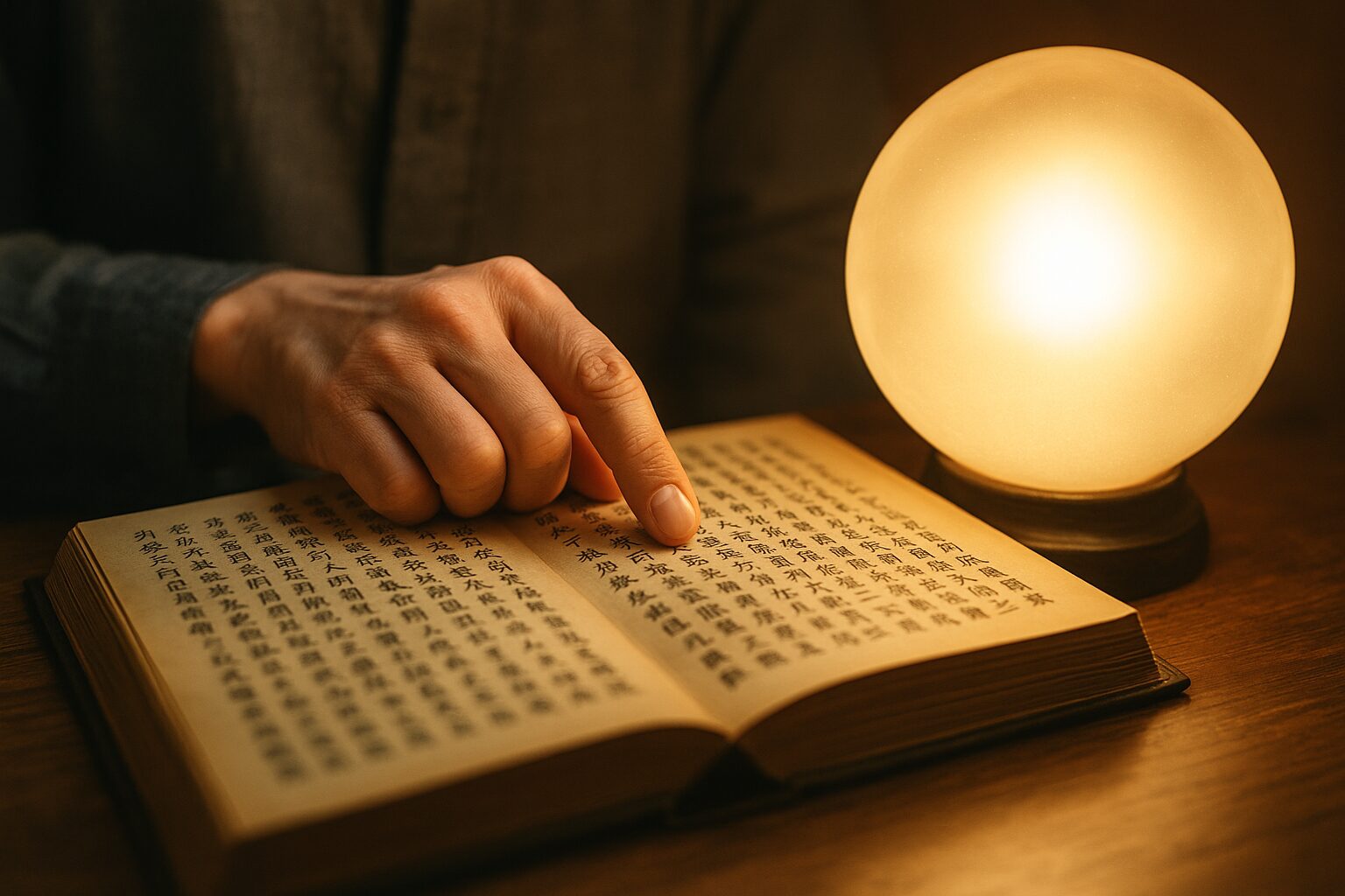古書に書かれた漢字を指でなぞりながら読み解く姓名判断の様子