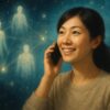 宇宙を背景に穏やかな表情で電話をする女性と光の中に現れる人間関係の象徴的なシルエット