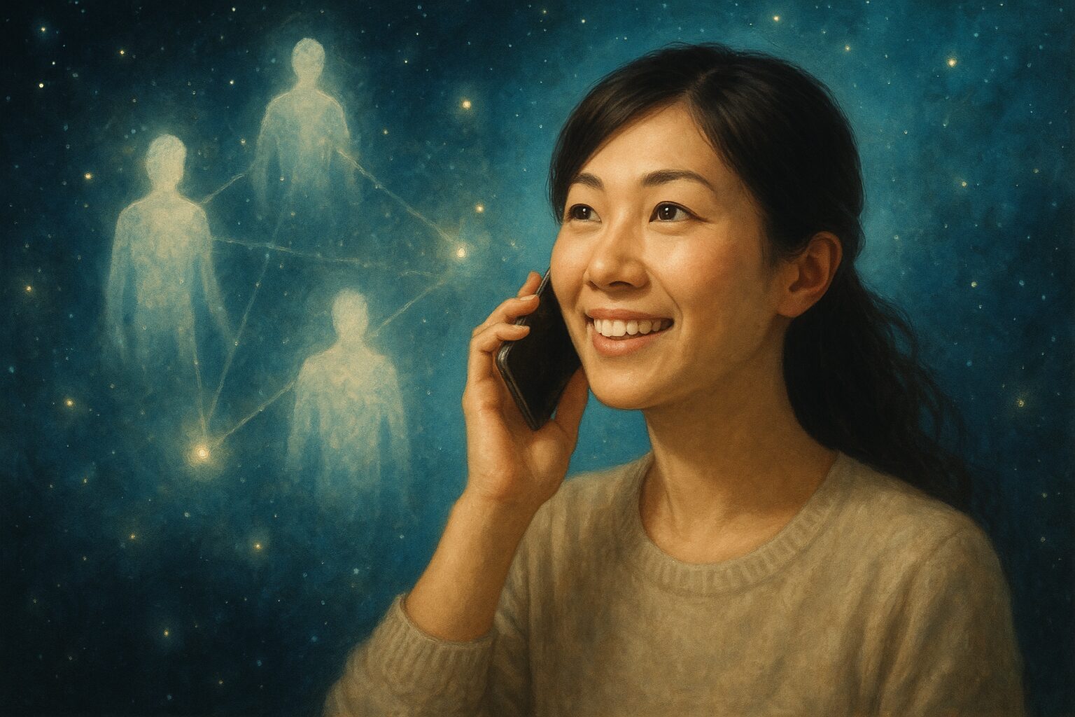 宇宙を背景に穏やかな表情で電話をする女性と光の中に現れる人間関係の象徴的なシルエット