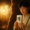 縁という漢字が書かれた護符を手にする女性と、背景に浮かぶ光に包まれた人々の姿が縁切りと復縁の神秘的な力を象徴している