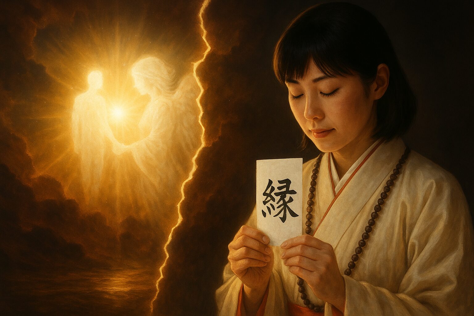 縁という漢字が書かれた護符を手にする女性と、背景に浮かぶ光に包まれた人々の姿が縁切りと復縁の神秘的な力を象徴している