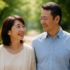 自然の中で寄り添いながら微笑み合う50代の日本人カップルが穏やかに歩いている様子