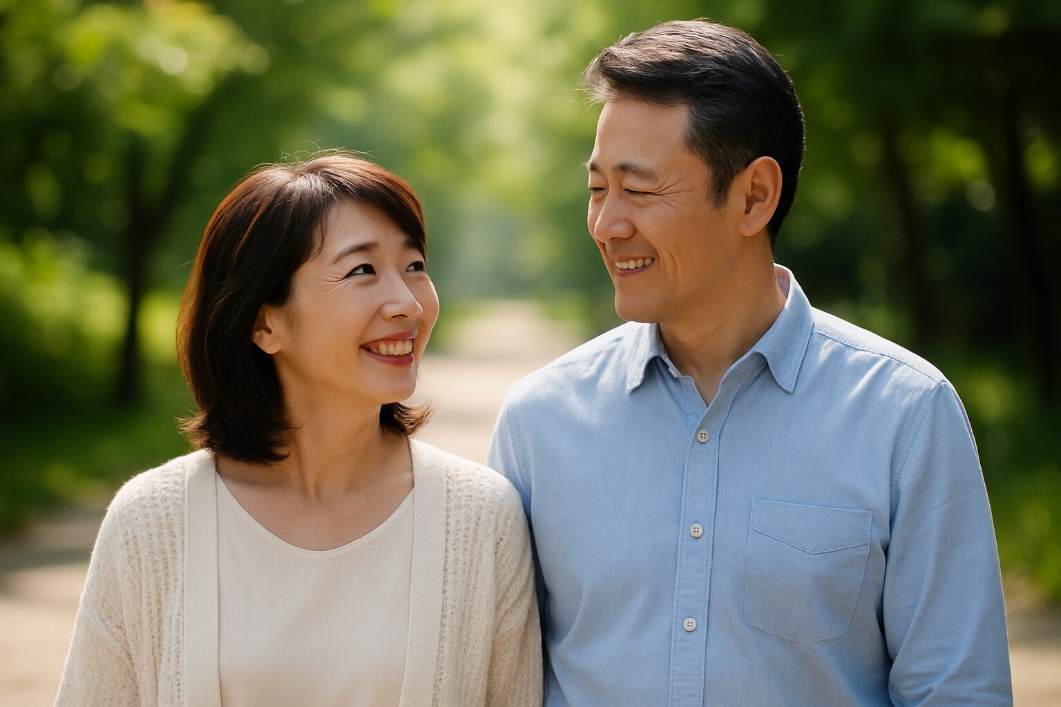 自然の中で寄り添いながら微笑み合う50代の日本人カップルが穏やかに歩いている様子