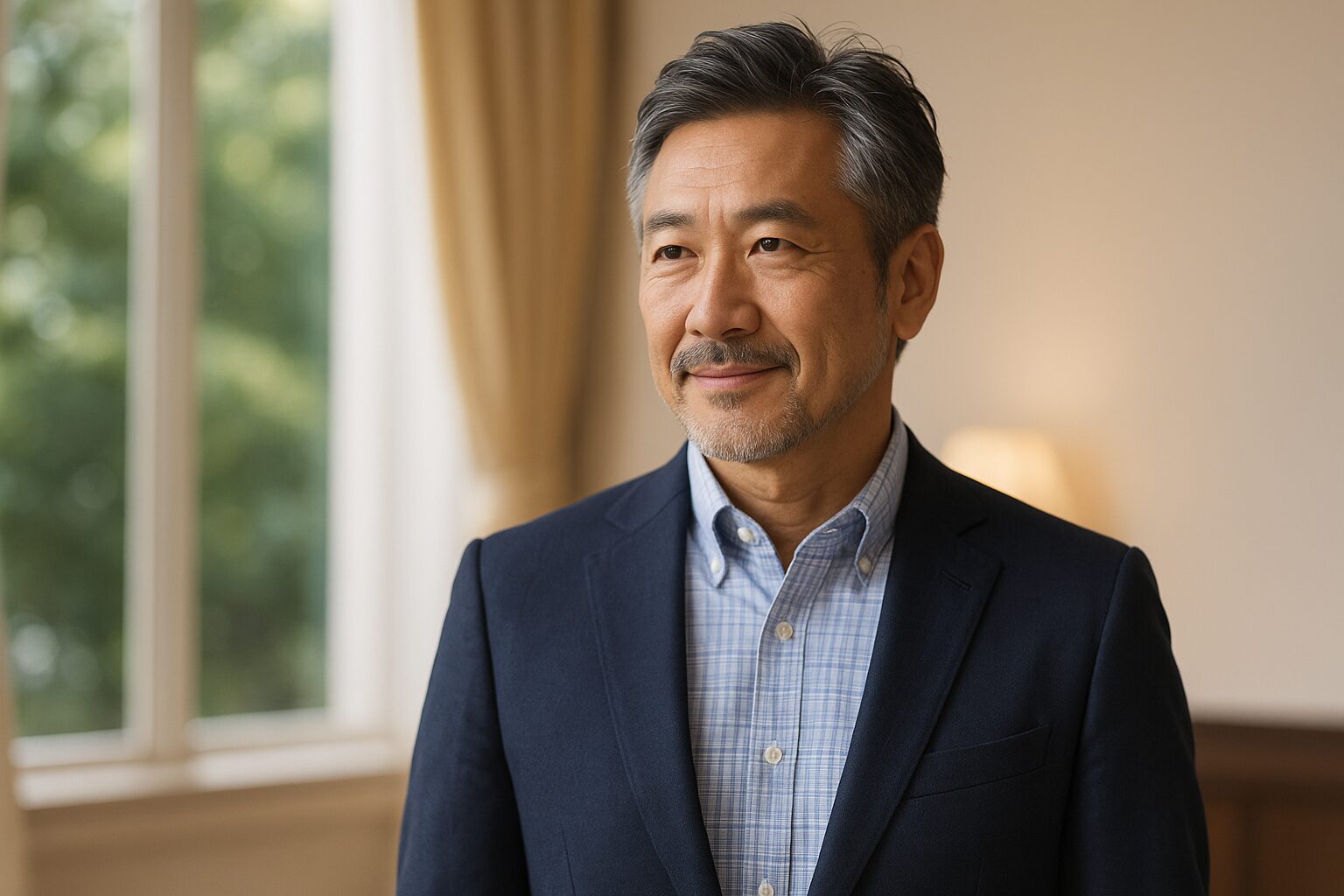 落ち着いた雰囲気の50代男性が同窓会にふさわしい装いで微笑んでいる様子