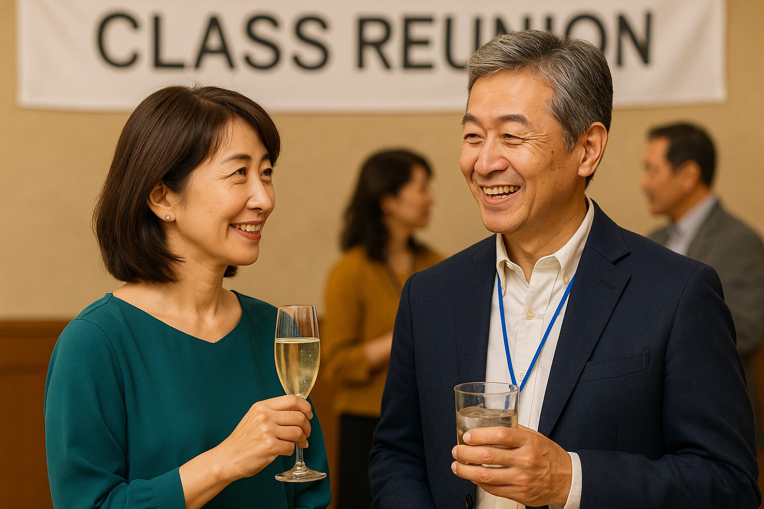 同窓会で笑顔を交わす50代の男女が再会を楽しんでいる様子