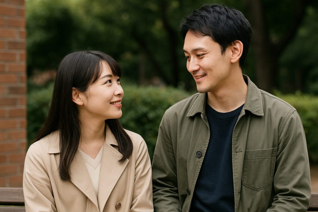 屋外で穏やかに見つめ合いながら会話を交わす若い日本人カップル