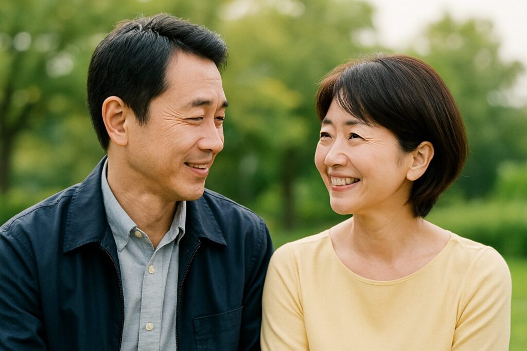 屋外で穏やかに見つめ合う50代の日本人カップルの笑顔