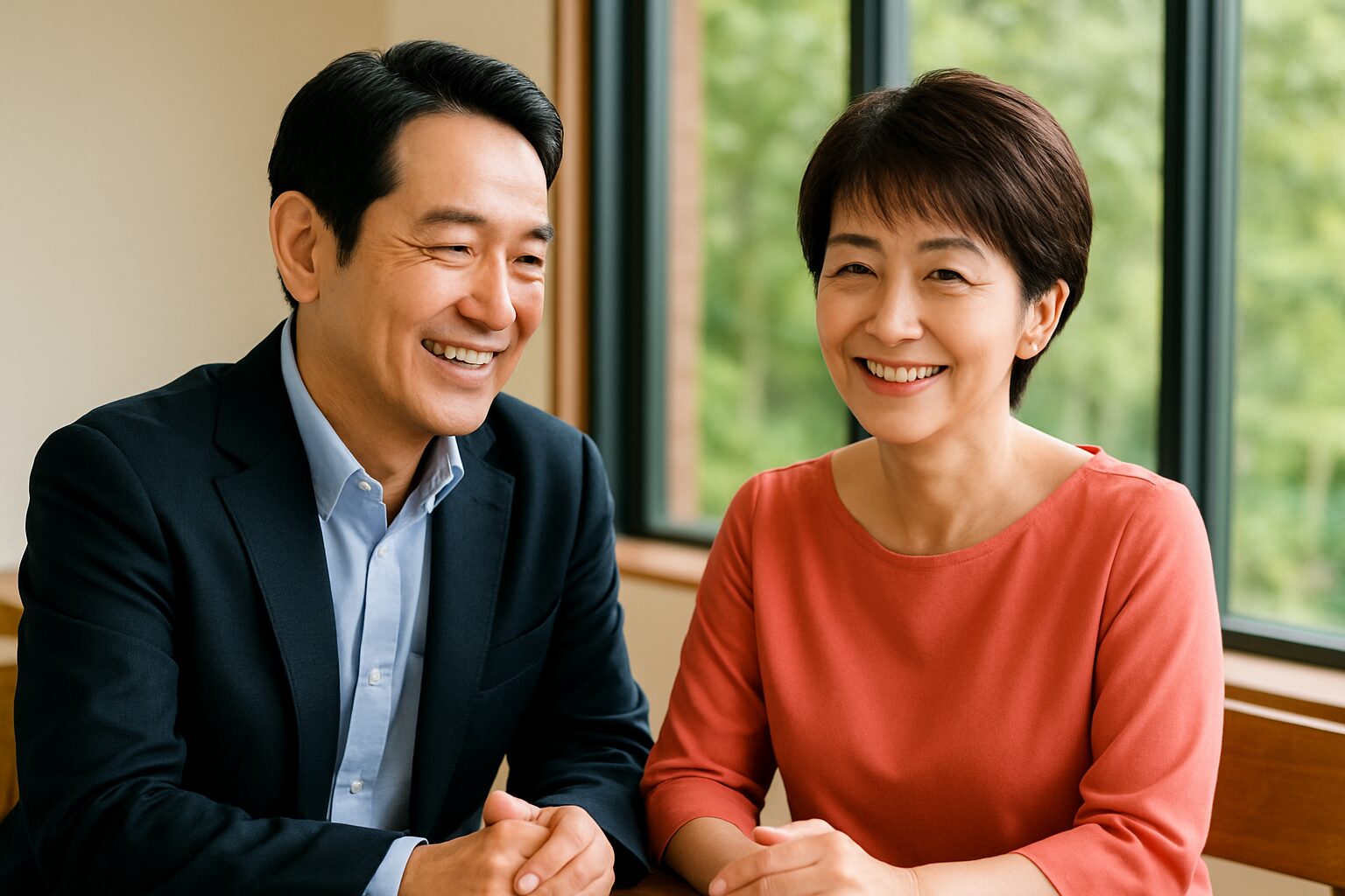 レストランで穏やかな会話を楽しむ50代の日本人カップル