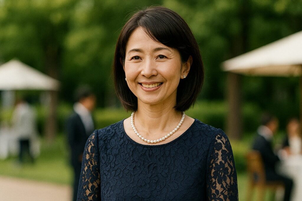 ネイビードレスで微笑む50代の日本人女性が同窓会に参加している様子