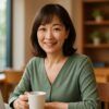 カフェで穏やかな表情を浮かべる50代の日本人女性が、新たな出会いに希望を抱いている様子