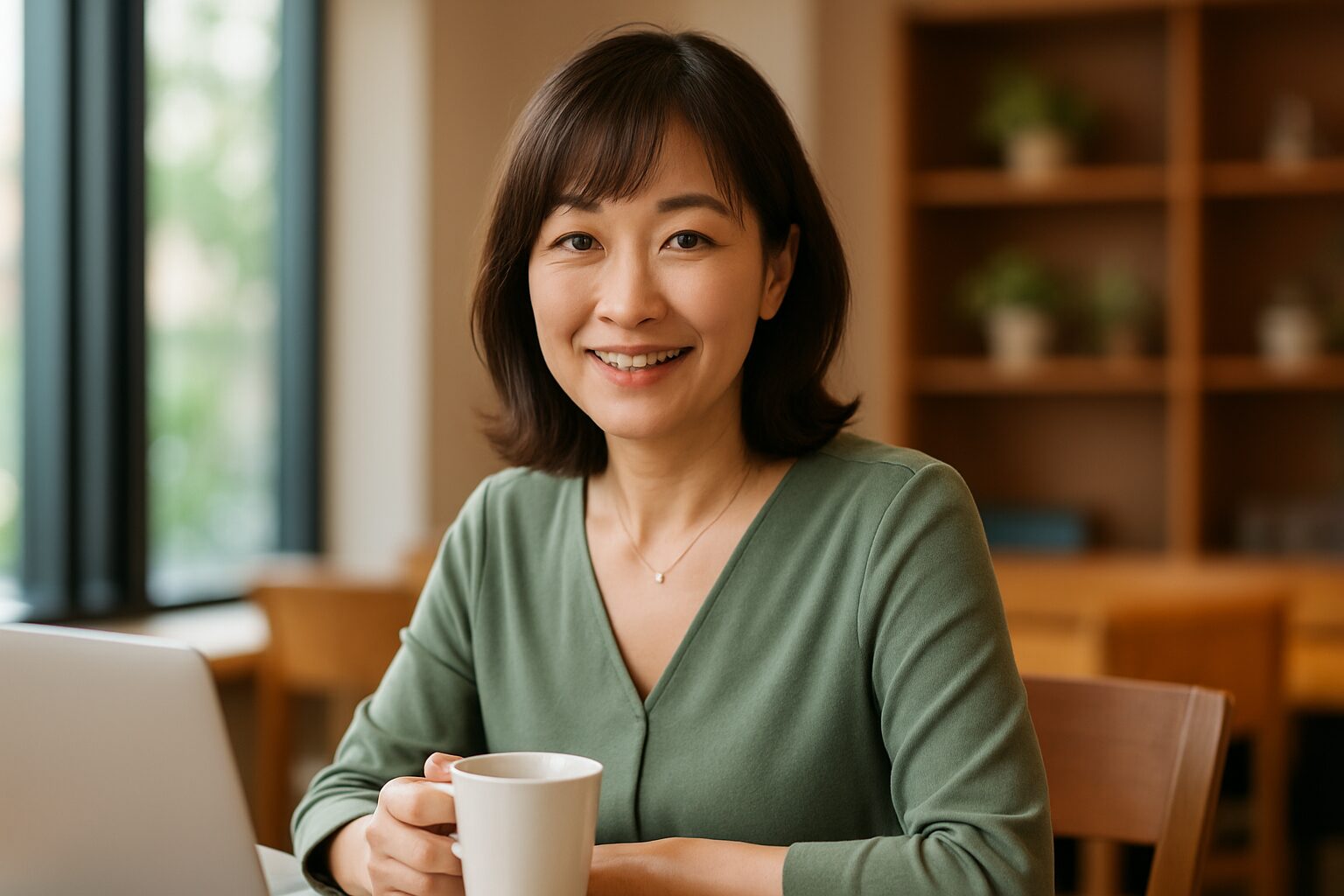 カフェで穏やかな表情を浮かべる50代の日本人女性が、新たな出会いに希望を抱いている様子
