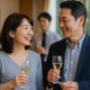 同窓会の会場で白ワインを片手に笑顔で会話を楽しむ50代の日本人男女