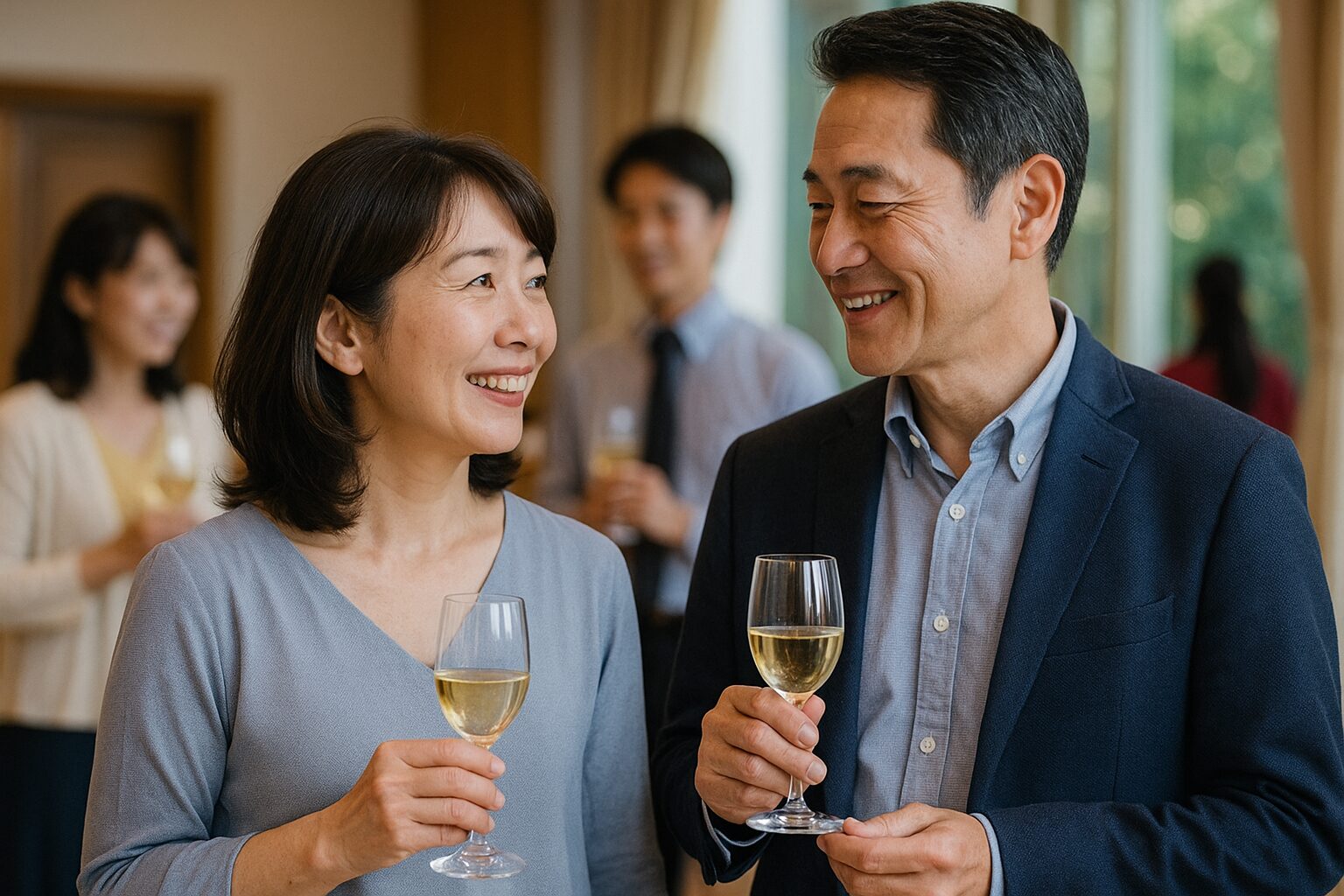 同窓会の会場で白ワインを片手に笑顔で会話を楽しむ50代の日本人男女