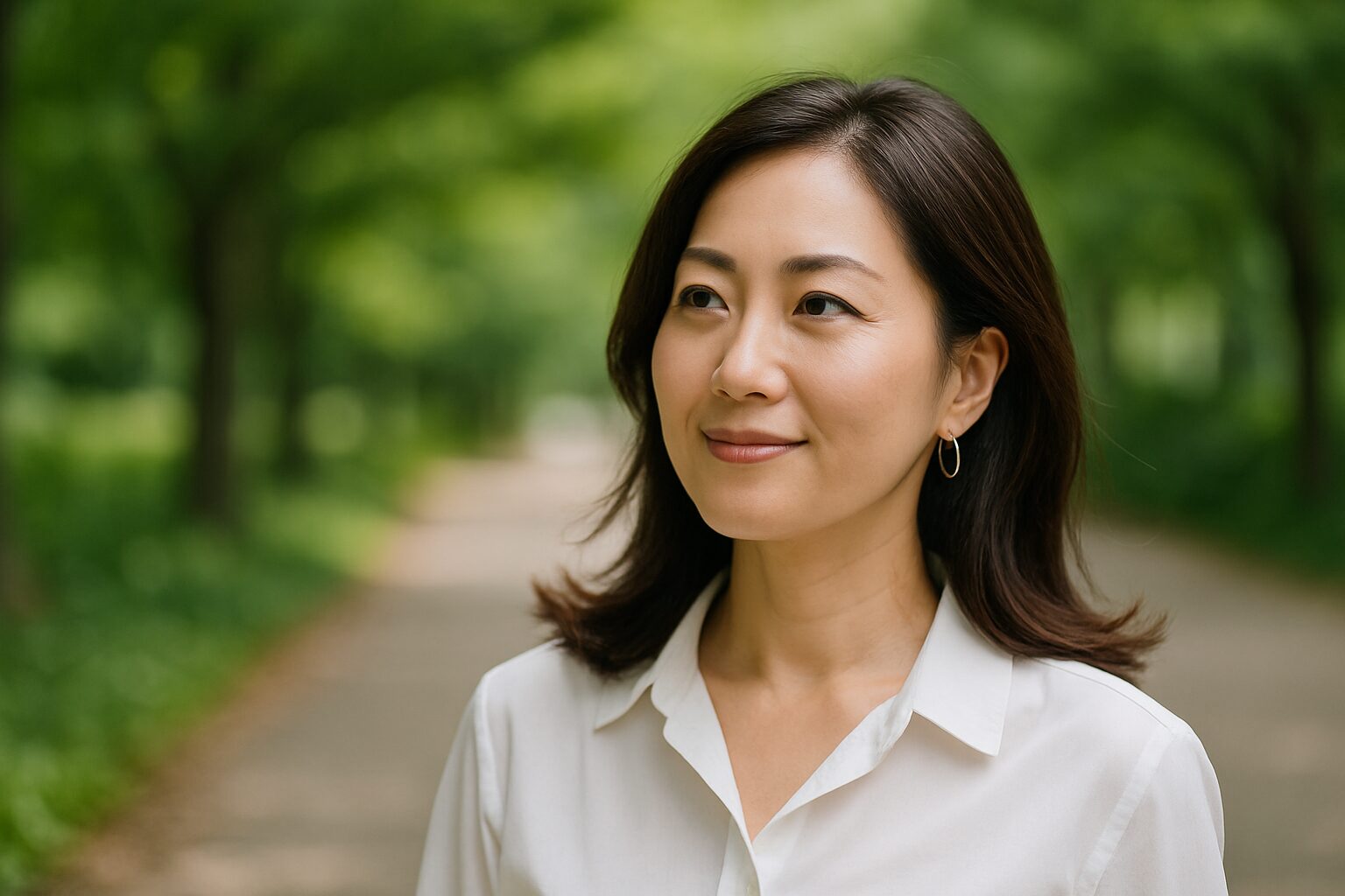 自然の中で落ち着いた笑顔を浮かべる40代の日本人女性が自信に満ちた表情を見せている様子