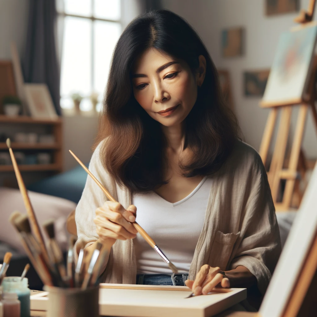 趣味の絵画を描いている女性