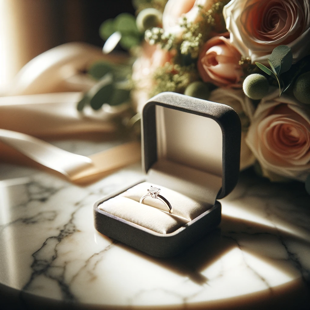 ブーケと共に置かれたダイヤの結婚指輪