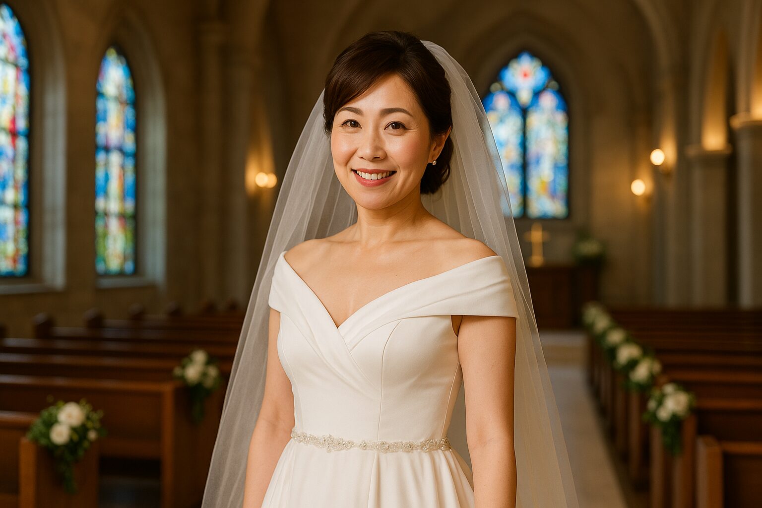 チャペルのバージンロードでオフショルダーのドレスを着た50代の日本人女性がメイクを施し微笑んで立っている様子