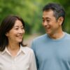 緑あふれる公園で穏やかに寄り添い歩く40代の日本人カップルが互いに微笑み合っている様子