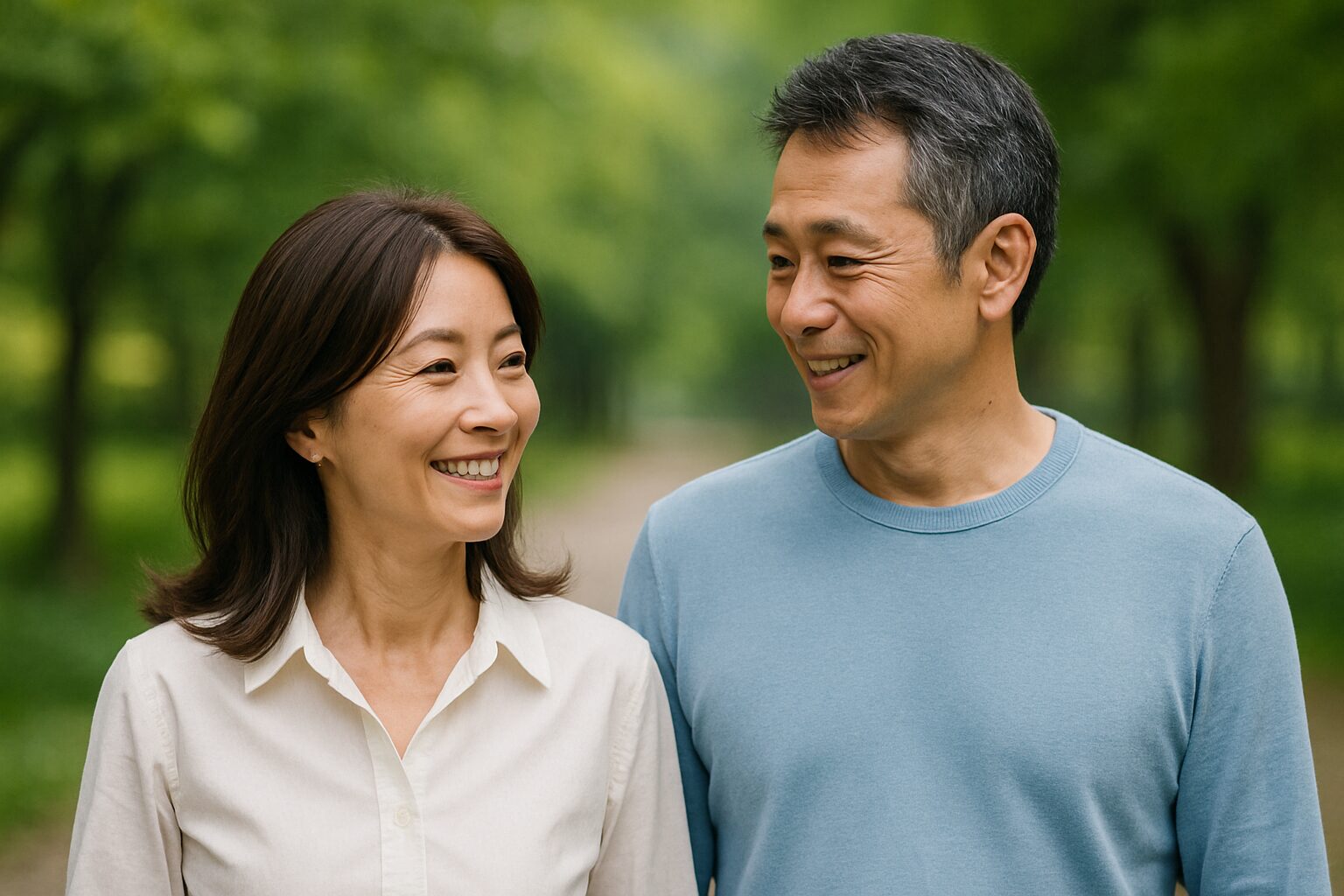 緑あふれる公園で穏やかに寄り添い歩く40代の日本人カップルが互いに微笑み合っている様子