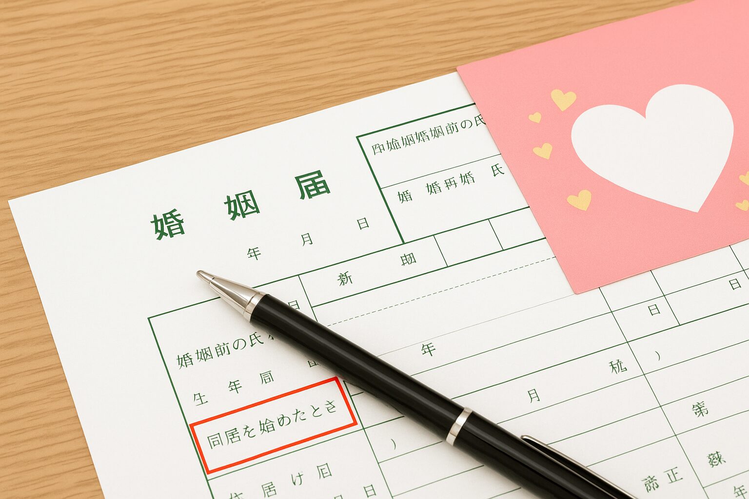 婚姻届の『同居を始めたとき』欄に黒いペンが置かれ、隣にはピンクのハート入り封筒が添えられている様子