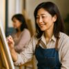 絵画教室で楽しそうにキャンバスに向かう40代の日本人女性が新しい趣味に取り組んでいる様子