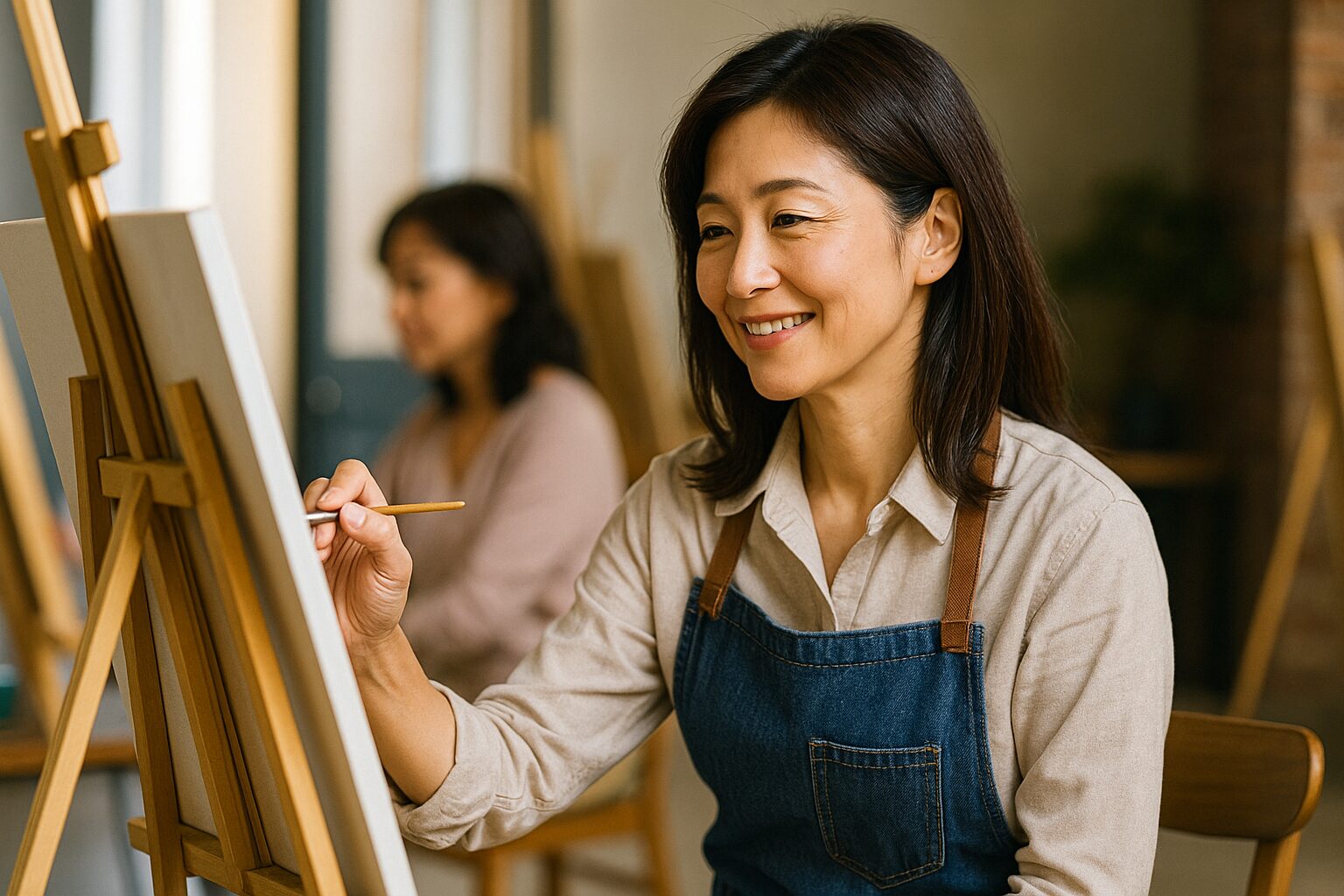 絵画教室で楽しそうにキャンバスに向かう40代の日本人女性が新しい趣味に取り組んでいる様子