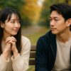 秋の公園で真剣に見つめ合いながら関係を見直す若い日本人カップルの姿