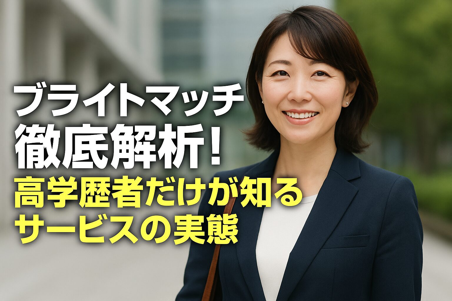 ブライトマッチの実態を解説するテキスト入りの横長バナー画像で、高学歴向け婚活サービスの印象を伝えるデザイン
