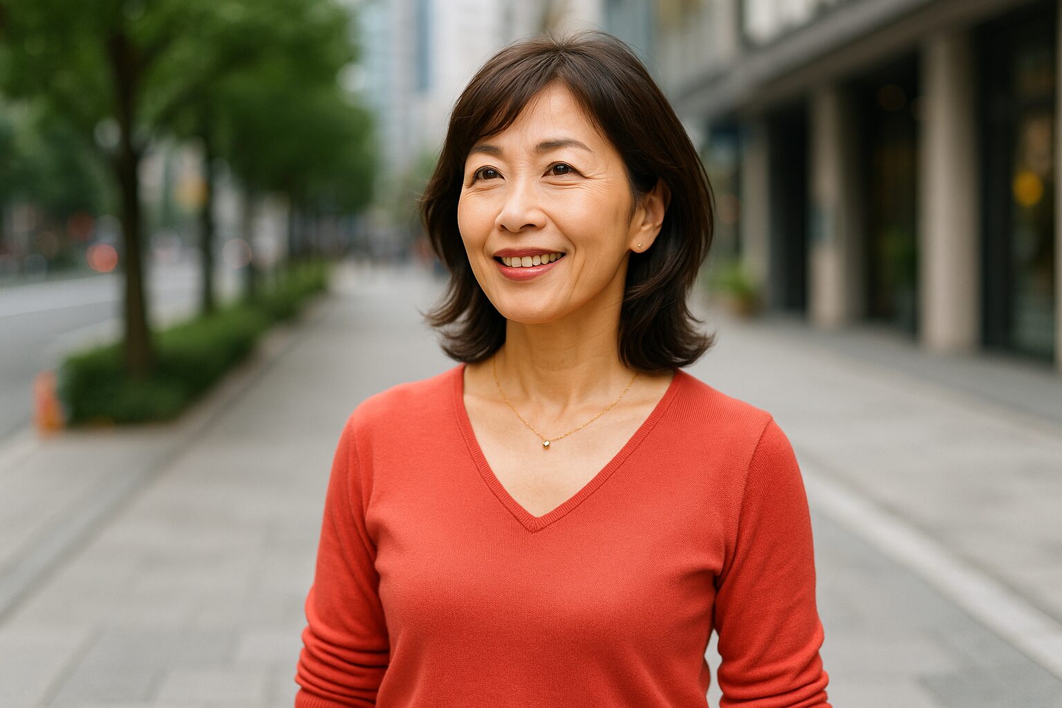 都市の並木道を背景に、自信に満ちた笑顔を見せる50代の日本人女性が活き活きと立っている様子