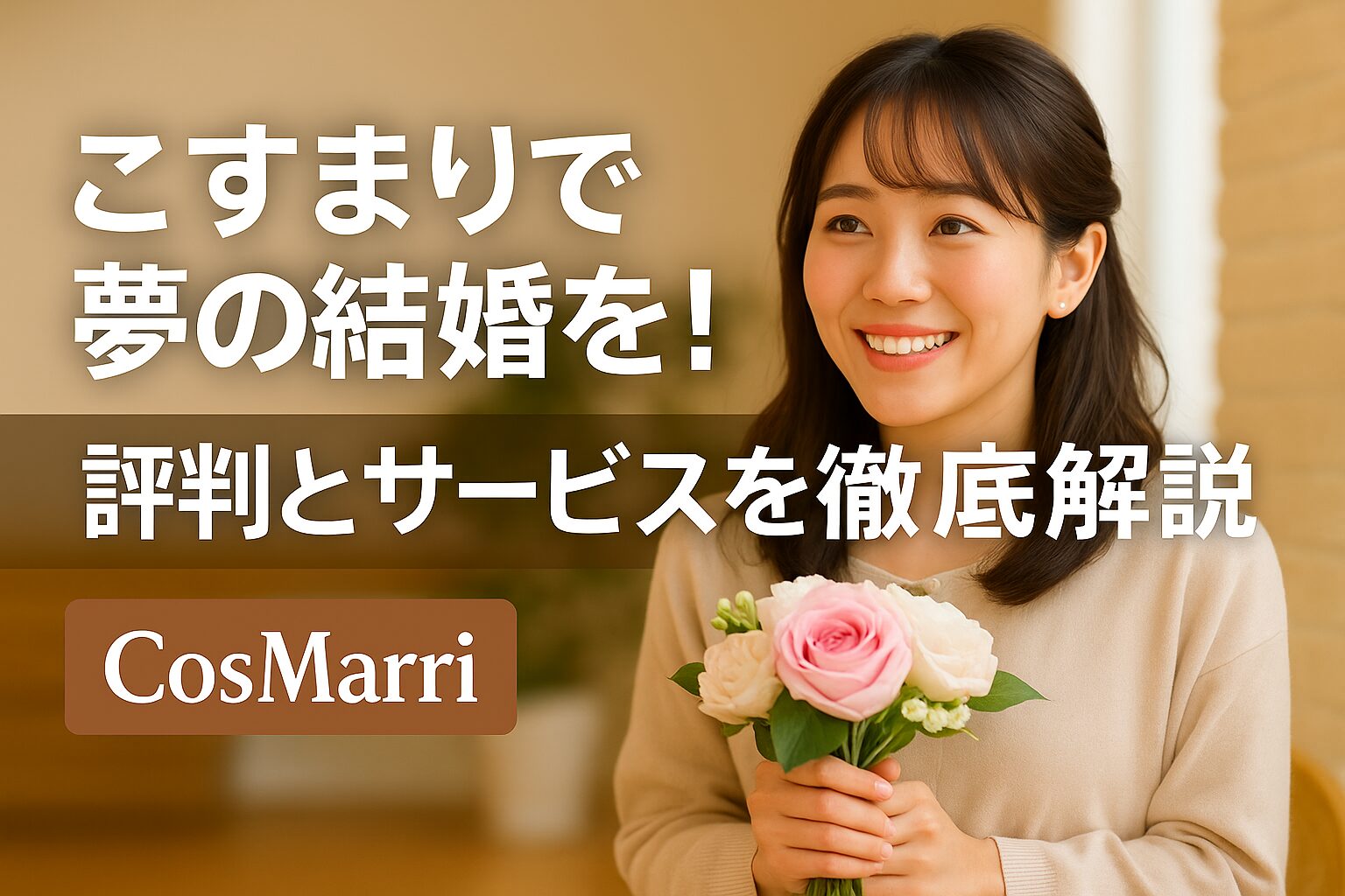 CosMarriの結婚支援サービスを紹介するテキスト入りの横長バナー画像で、花束を持った日本人女性が幸せな未来を象徴している様子