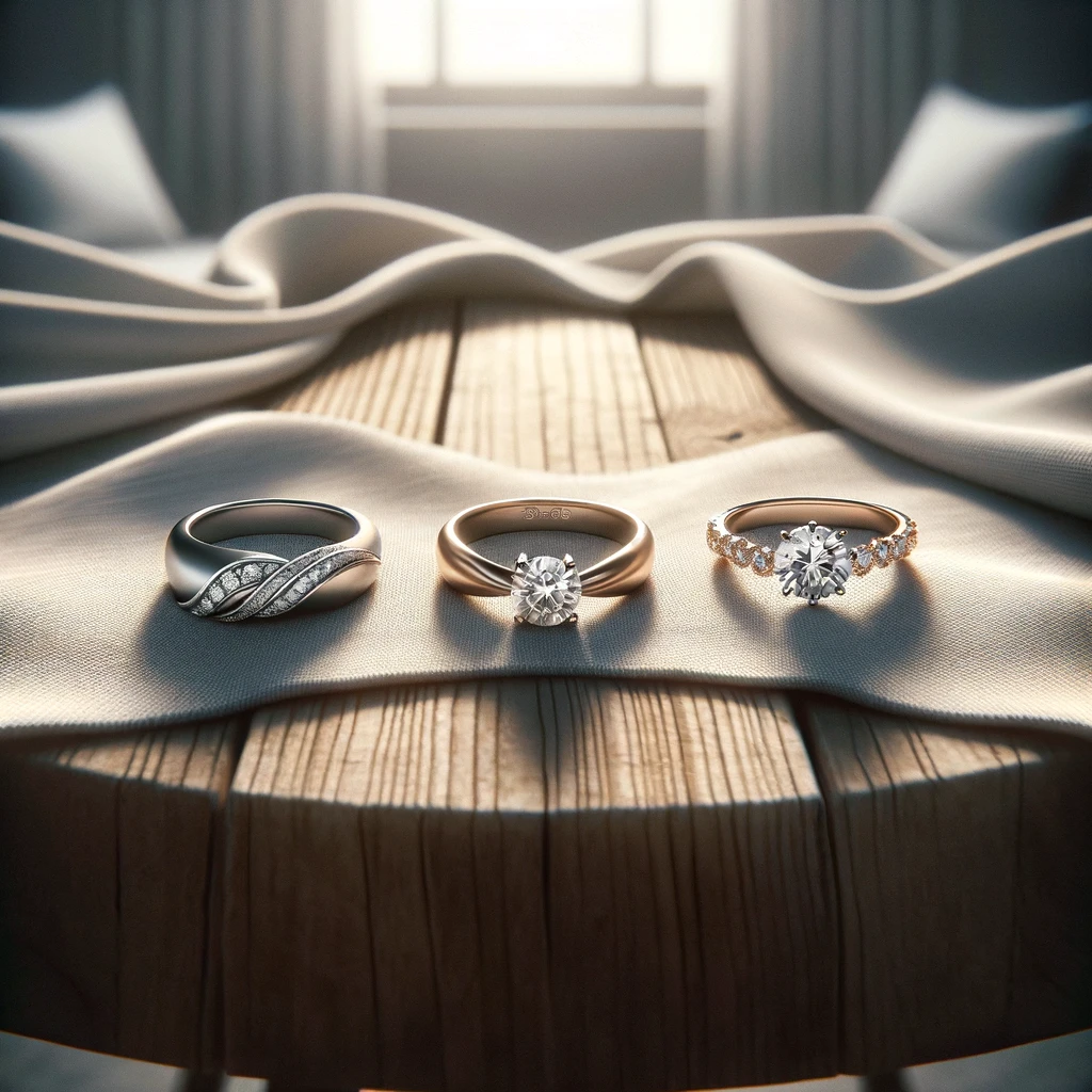 木のテーブルに置かれた3つの指輪