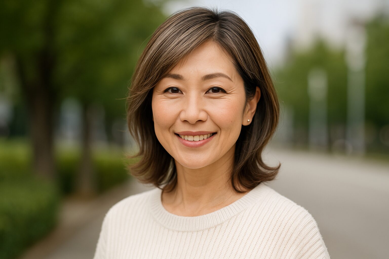 若々しい印象のヘアカラーと明るい表情が魅力的な50代の日本人女性が屋外で笑顔を見せる様子