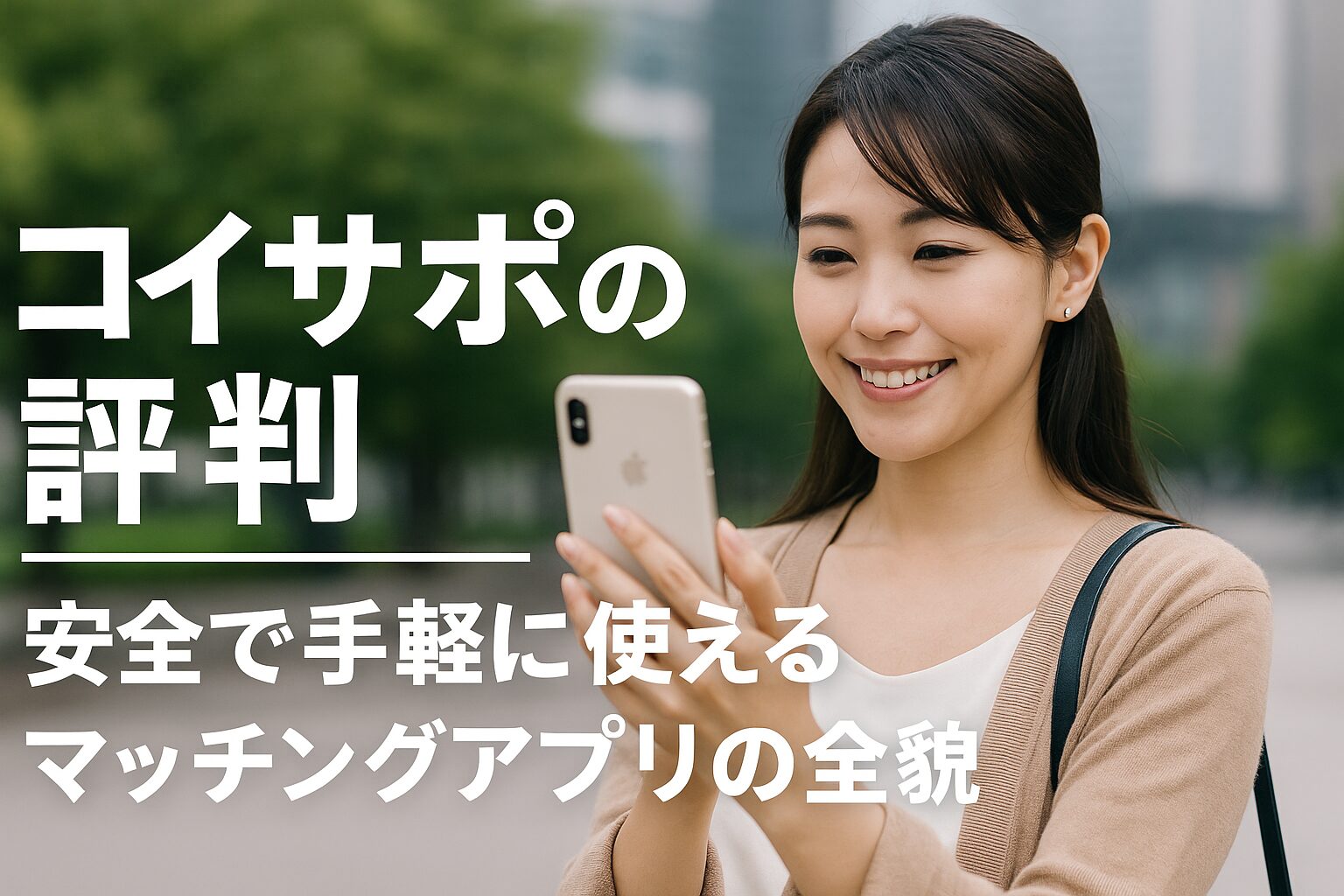 コイサポの評判を紹介するプロモーションバナー画像で、スマホを手にした日本人女性が安全で手軽なマッチングアプリの魅力を伝えている様子