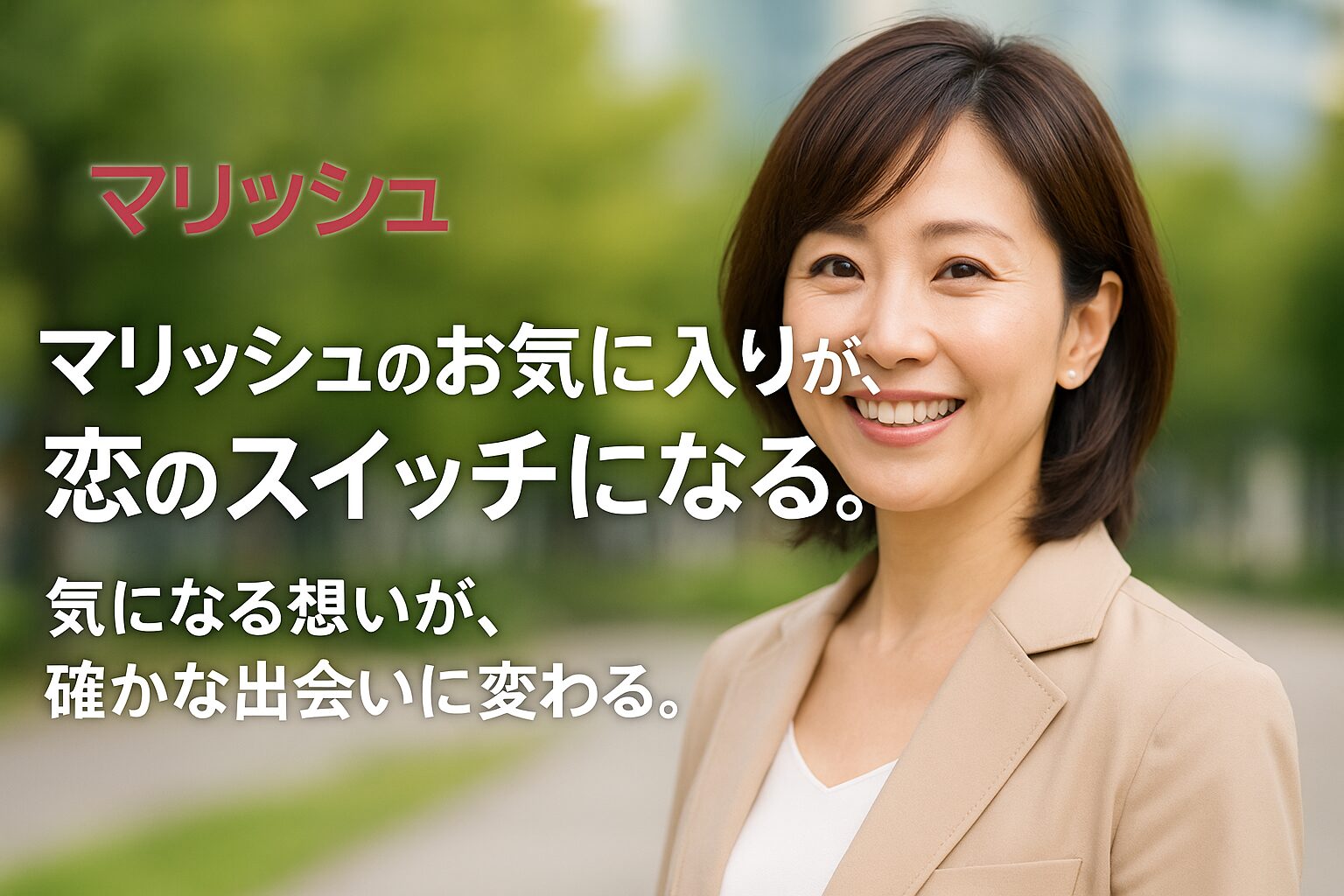 マリッシュのお気に入り機能が恋のきっかけになることを伝える日本人女性の微笑みとキャッチコピーが入った横長プロモーション画像
