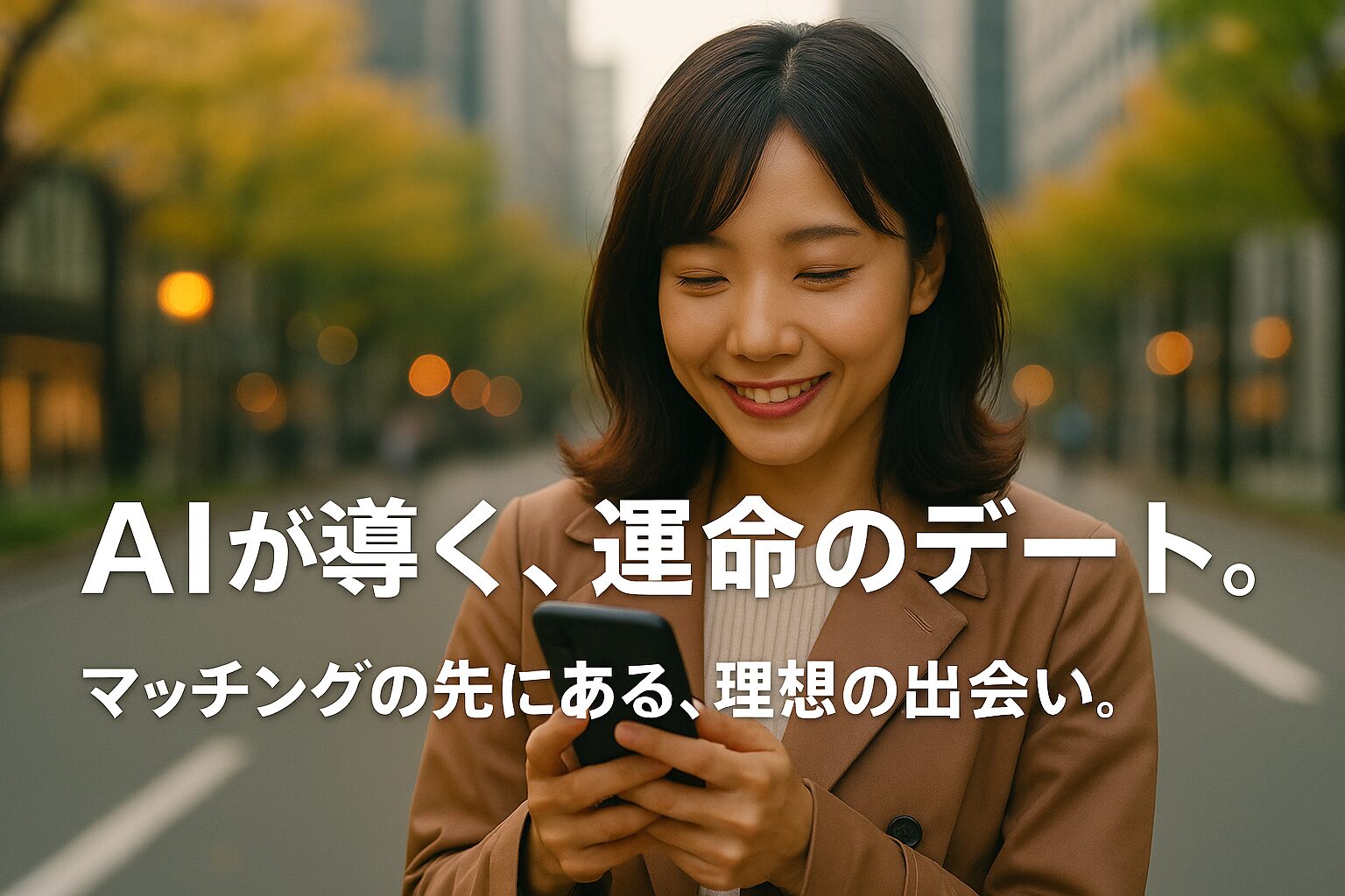 『AIが導く、運命のデート。マッチングの先にある、理想の出会い。』というキャッチコピーが入った横長プロモーション画像で、若い日本人女性が登場する