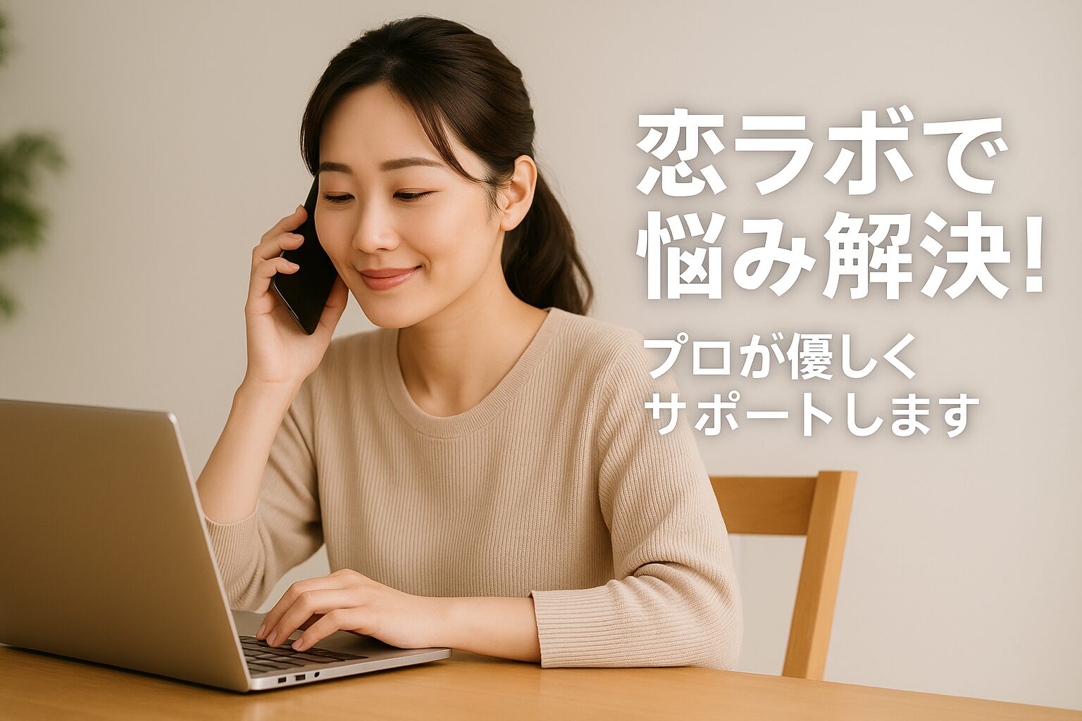 『恋ラボで悩み解決！プロが優しくサポートします』というキャッチコピーが入った横長バナー画像で、恋愛相談を受ける日本人女性の穏やかな表情が印象的なデザイン
