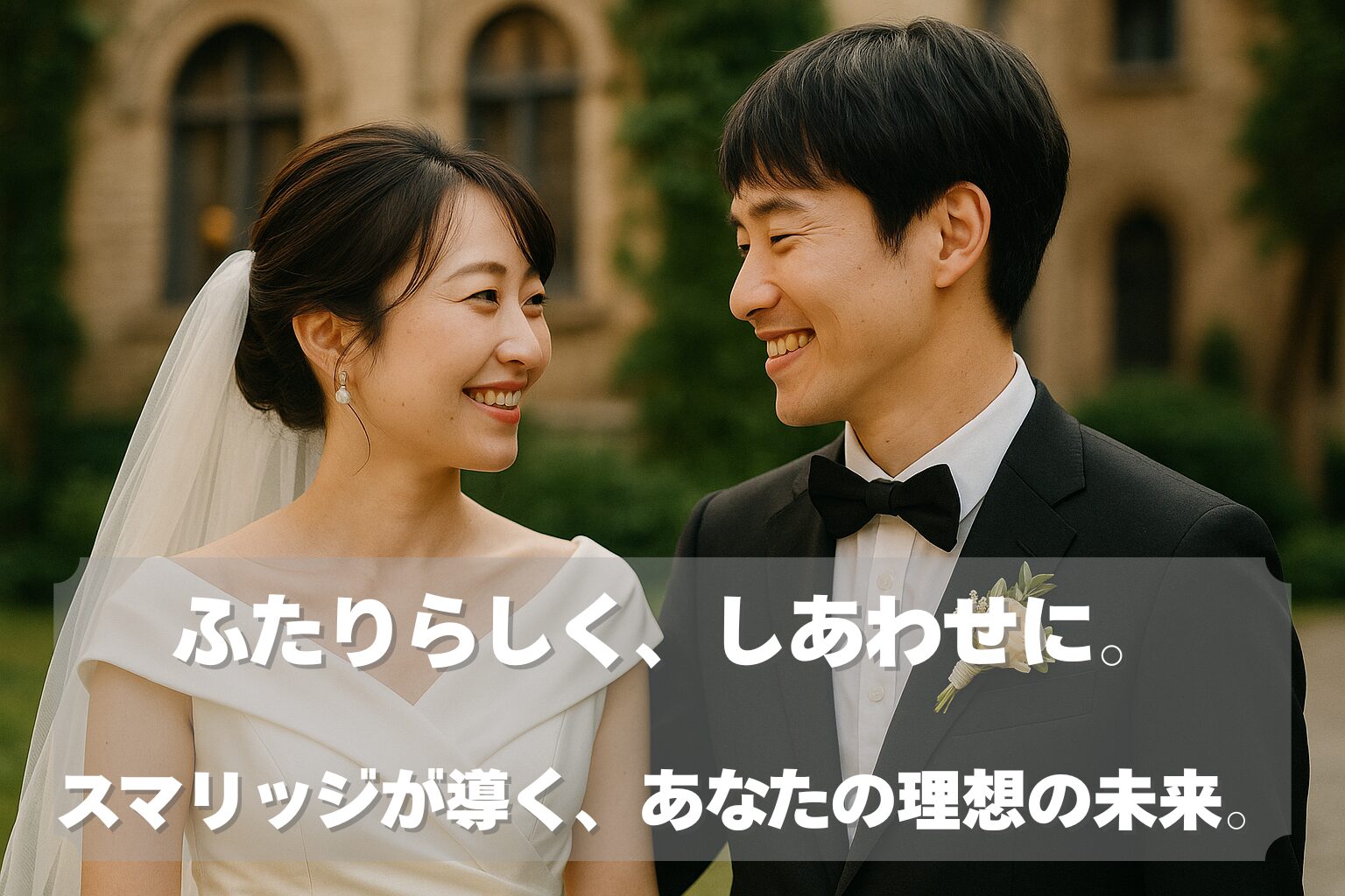 スマリッジで結婚に成功した東アジア系の新婚カップルが屋外で自然に笑顔を交わす様子