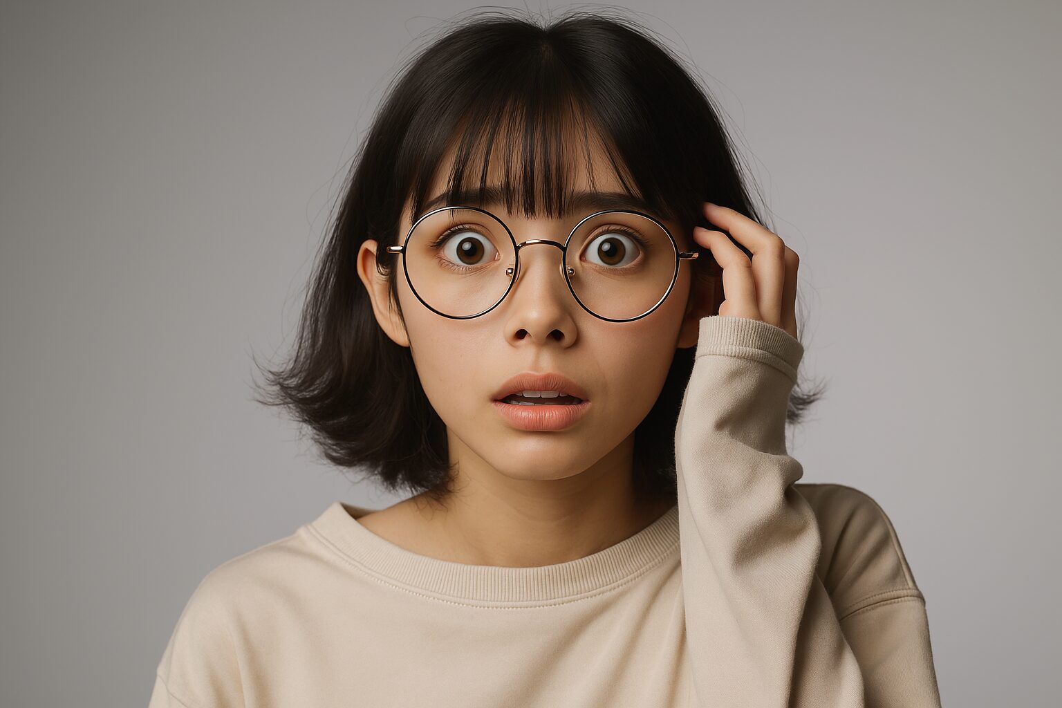 5chの口コミ評価に不安を感じている眼鏡をかけた若い女性の驚いた表情のイメージ。