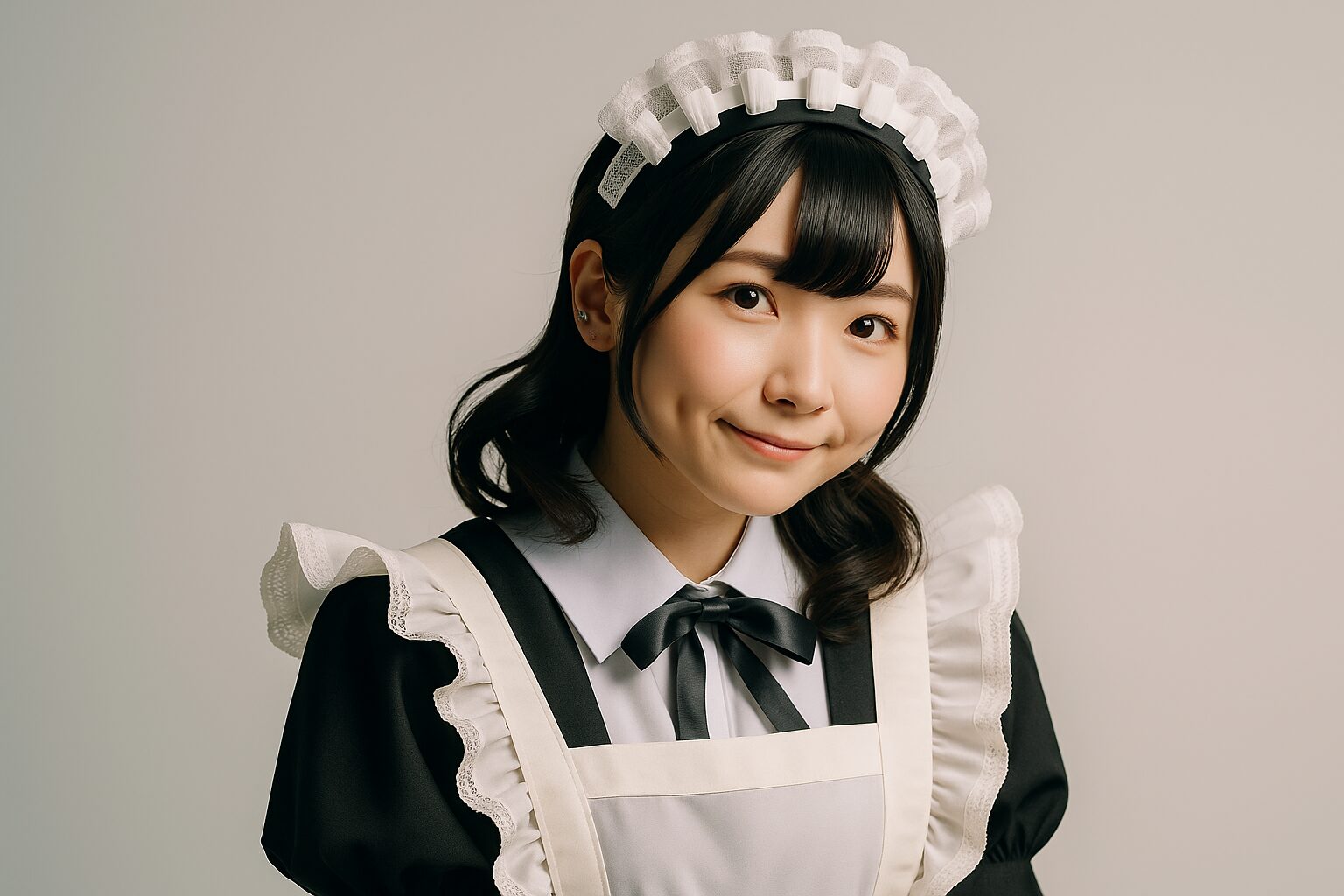 ヲタ婚の評判に関する見出しに使用された、やさしい表情のメイド姿の女性のイメージ。