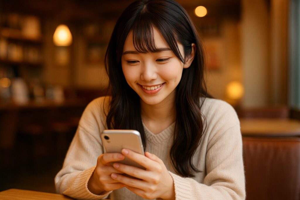 ヲタ婚の口コミをスマートフォンで確認しながら、ほっと安心した表情を浮かべる若い日本人女性のイメージ。
