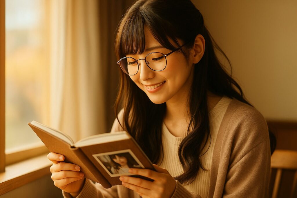 ヲタ婚の成婚実績に希望を感じながら、フォトアルバムを見て微笑む眼鏡をかけた若い日本人女性のイメージ。